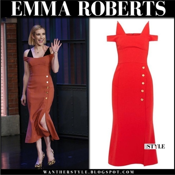 NWT Rebecca Vallance Beltran Midi Dress Button Slit Skirt Off The Shoulder Red 8 - Picture 14 of 14